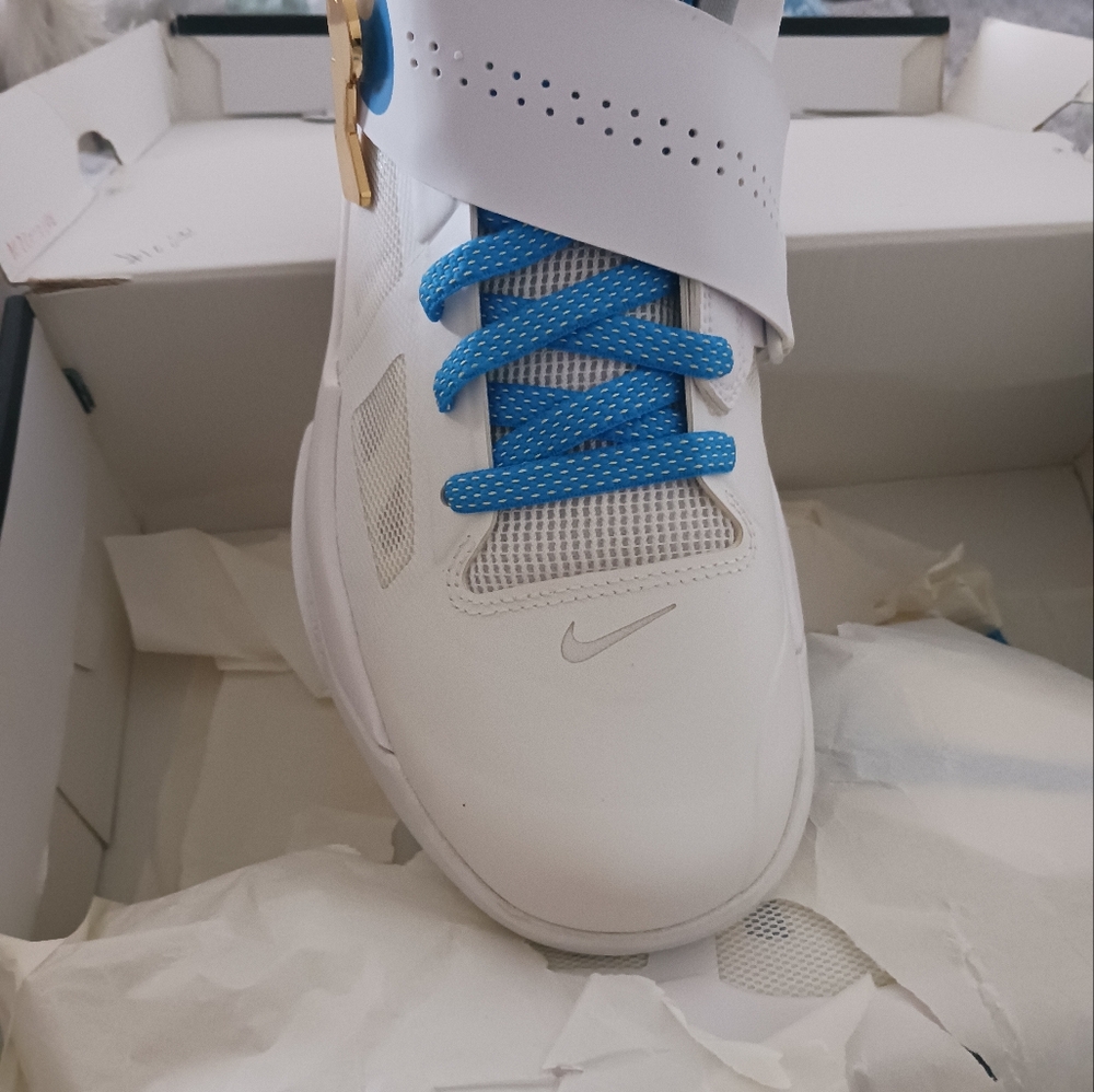 Nike White and Blue Sneakers with Gold Accent